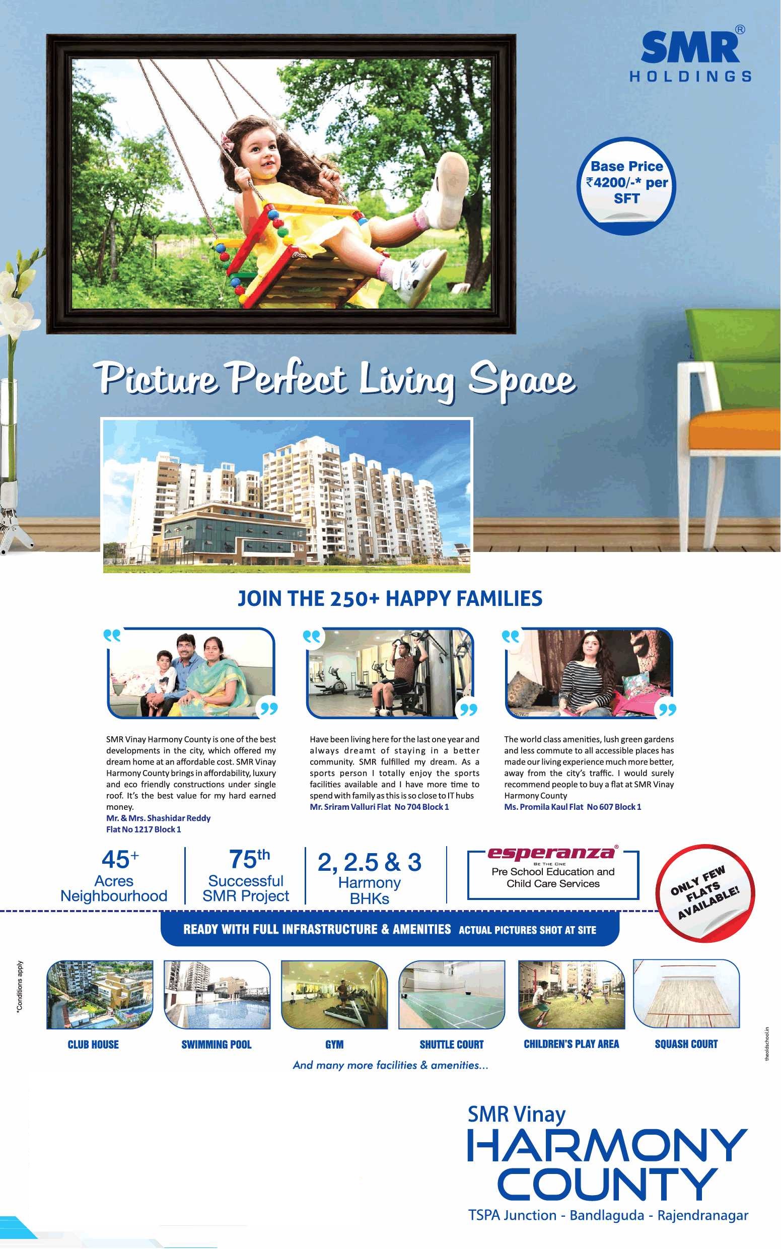 Book harmony bhk's @ 4200 per sq.ft. at SMR Vinay Harmony County in Hyderabad Update